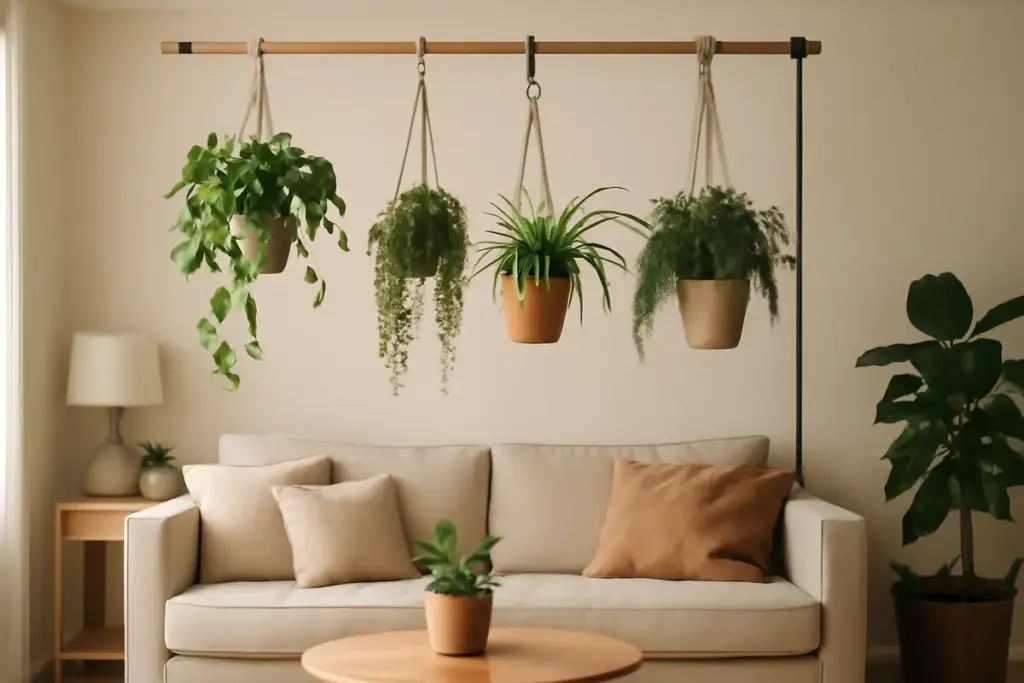 Piante sospese in salotto: idee e supporti per ottenere un effetto scenografico senza rovinare il soffitto